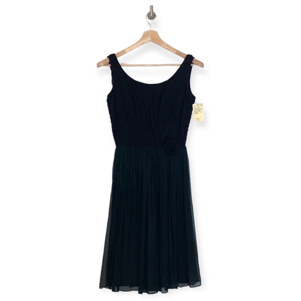 Minx Modes Vintage Rosettes Smocked Chiffon Little Black Dress LBD XS - Picture 3 of 13